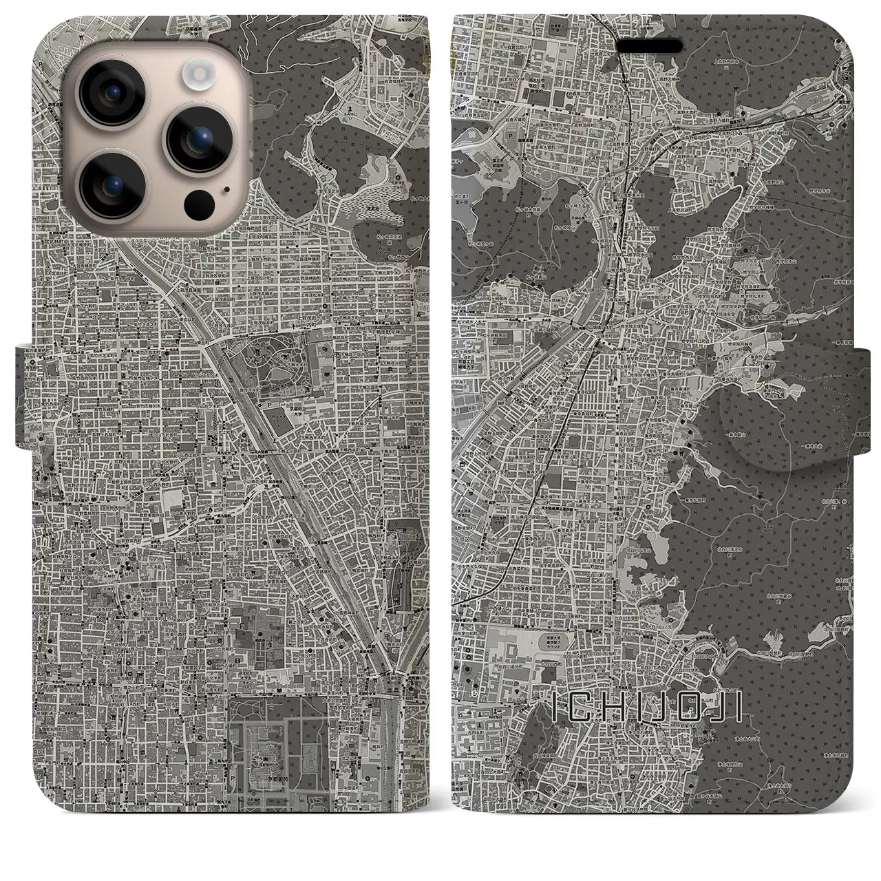 【一乗寺(京都府)】地図柄iPhoneケース(手帳タイプ)モノトーン・iPhone 16 Plus 用