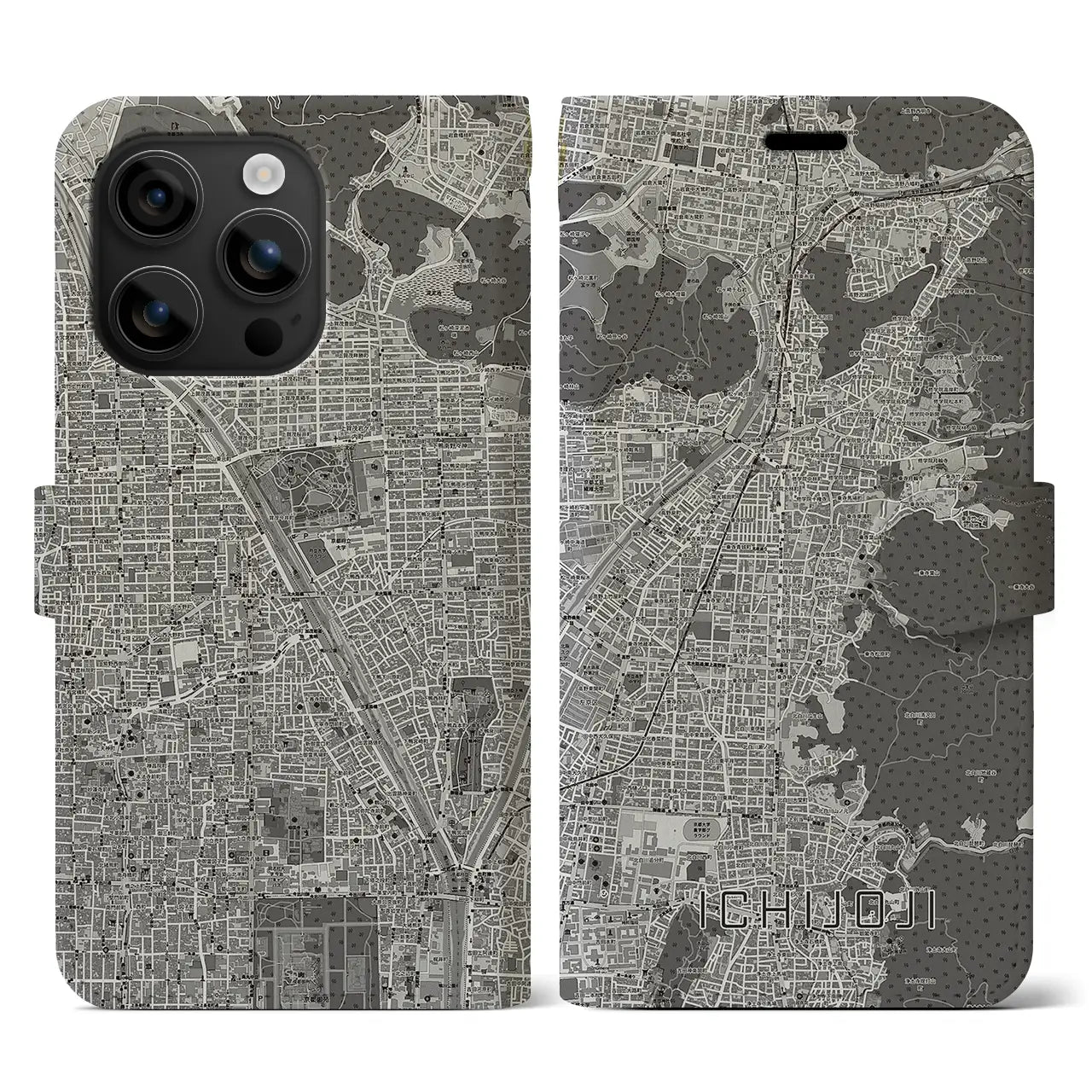 【一乗寺(京都府)】地図柄iPhoneケース(手帳タイプ)モノトーン・iPhone 16 用