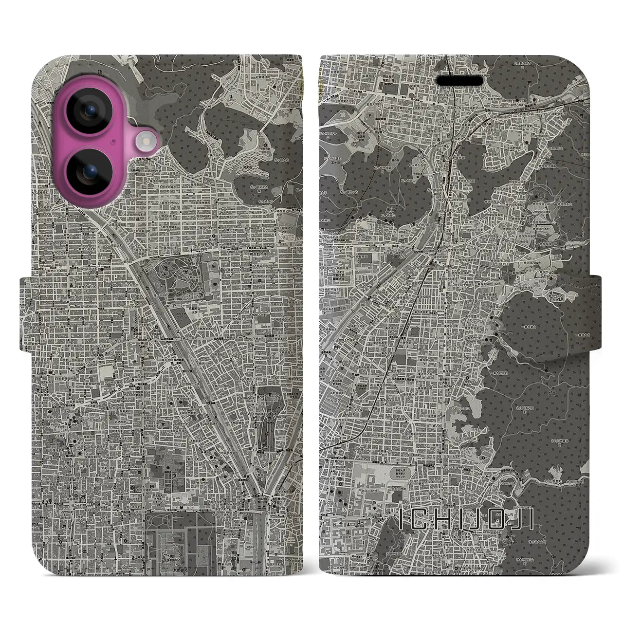 【一乗寺(京都府)】地図柄iPhoneケース(手帳タイプ)モノトーン・iPhone 16 Pro 用