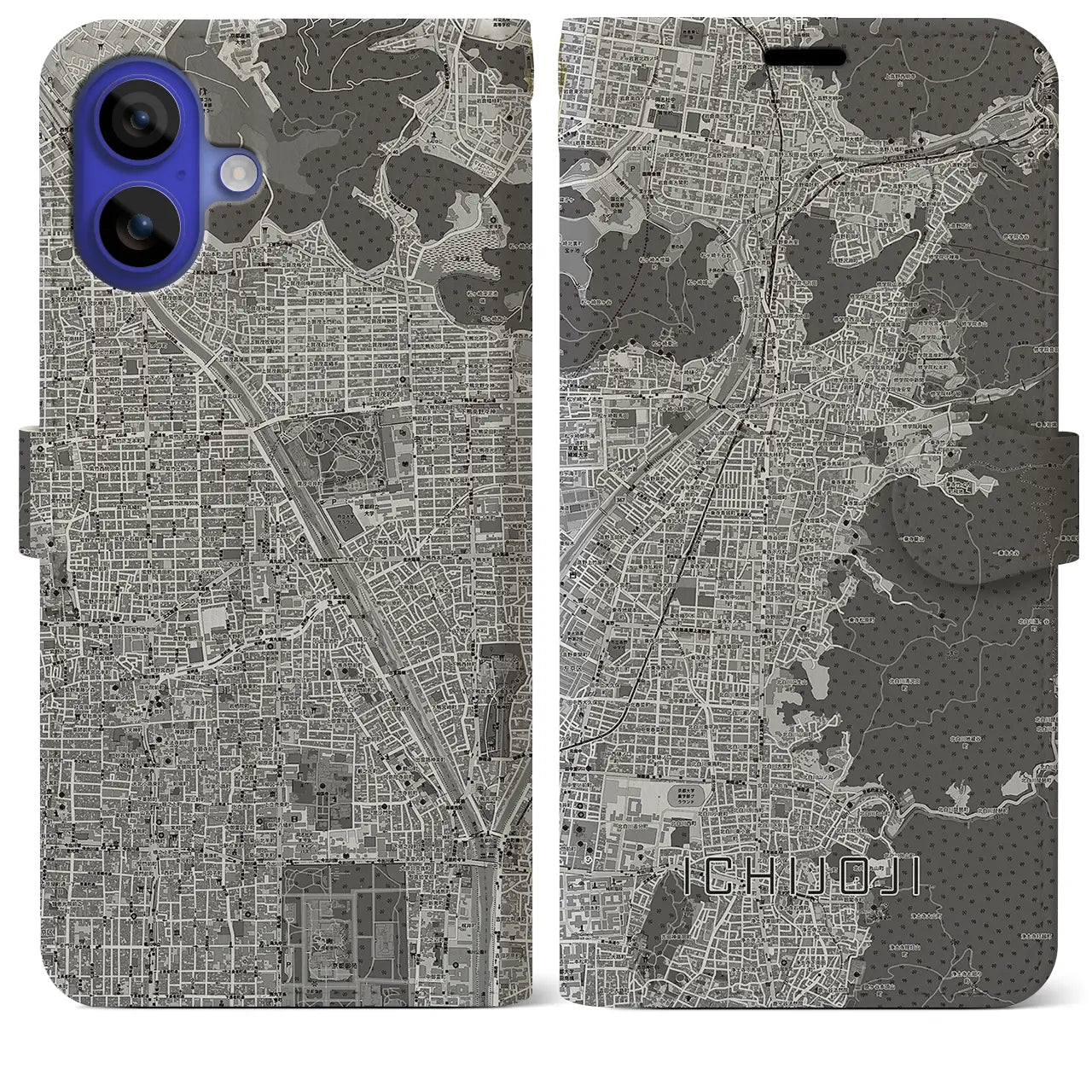 【一乗寺(京都府)】地図柄iPhoneケース(手帳タイプ)モノトーン・iPhone 16 Pro Max 用