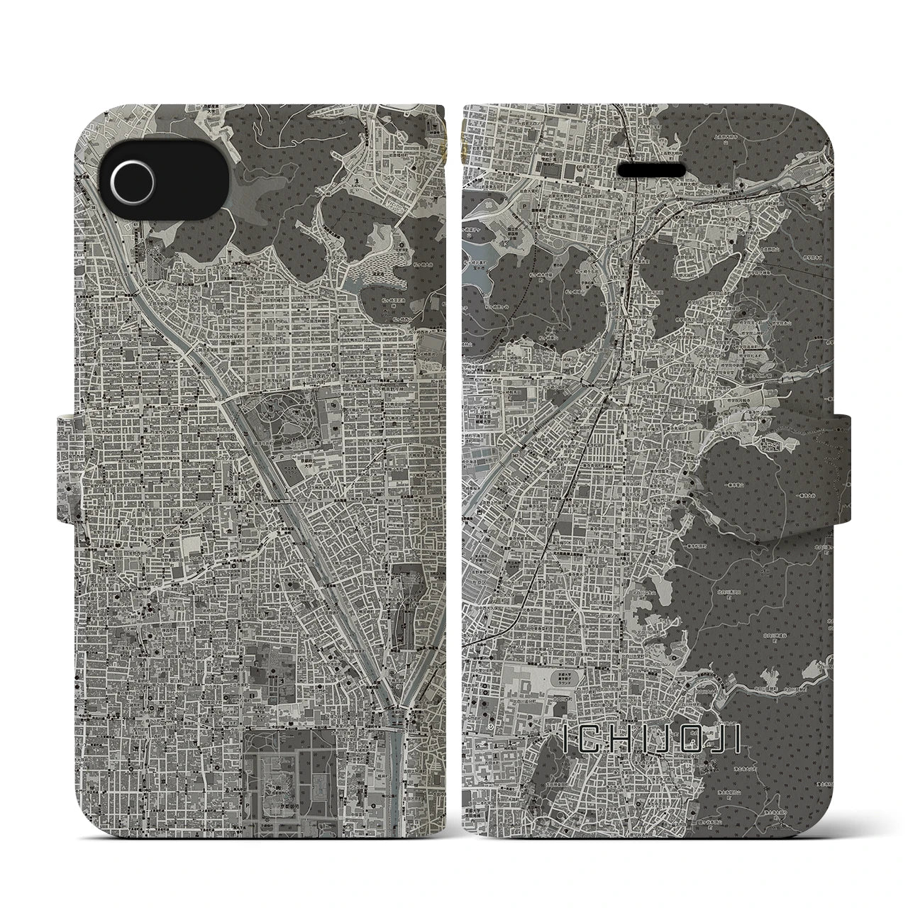 【一乗寺(京都府)】地図柄iPhoneケース(手帳タイプ)モノトーン・iPhone SE(第3 / 第2世代) / 8 / 7 / 6s / 6 用