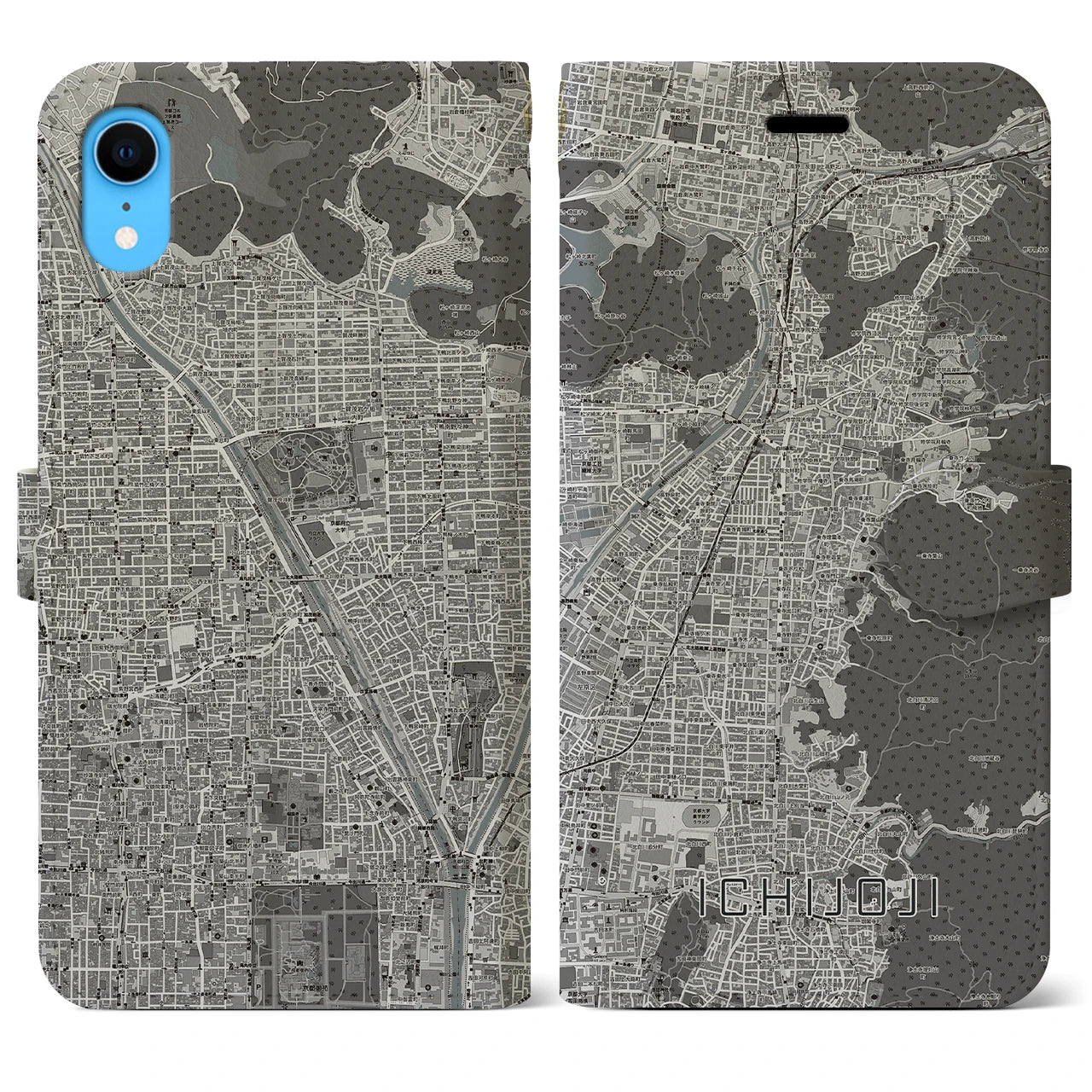 【一乗寺(京都府)】地図柄iPhoneケース(手帳タイプ)モノトーン・iPhone XR 用