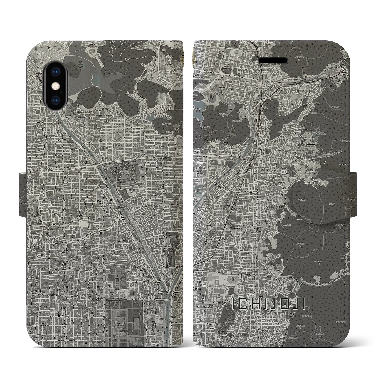 【一乗寺(京都府)】地図柄iPhoneケース(手帳タイプ)モノトーン・iPhone XS / X 用