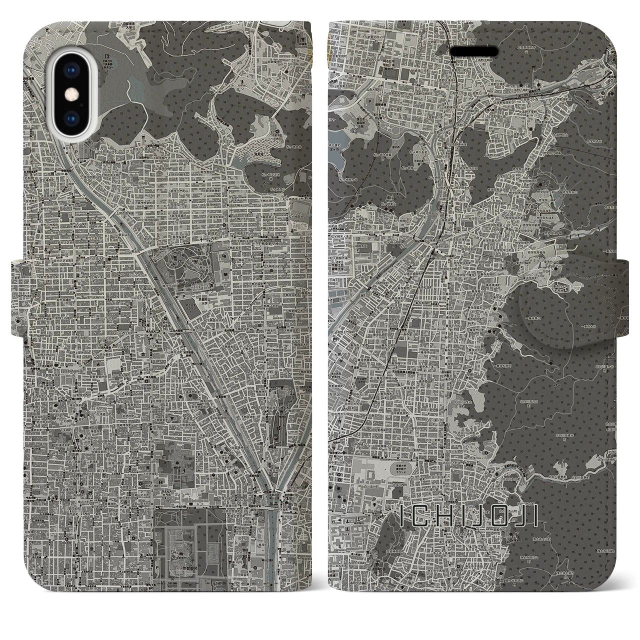 【一乗寺(京都府)】地図柄iPhoneケース(手帳タイプ)モノトーン・iPhone XS Max 用