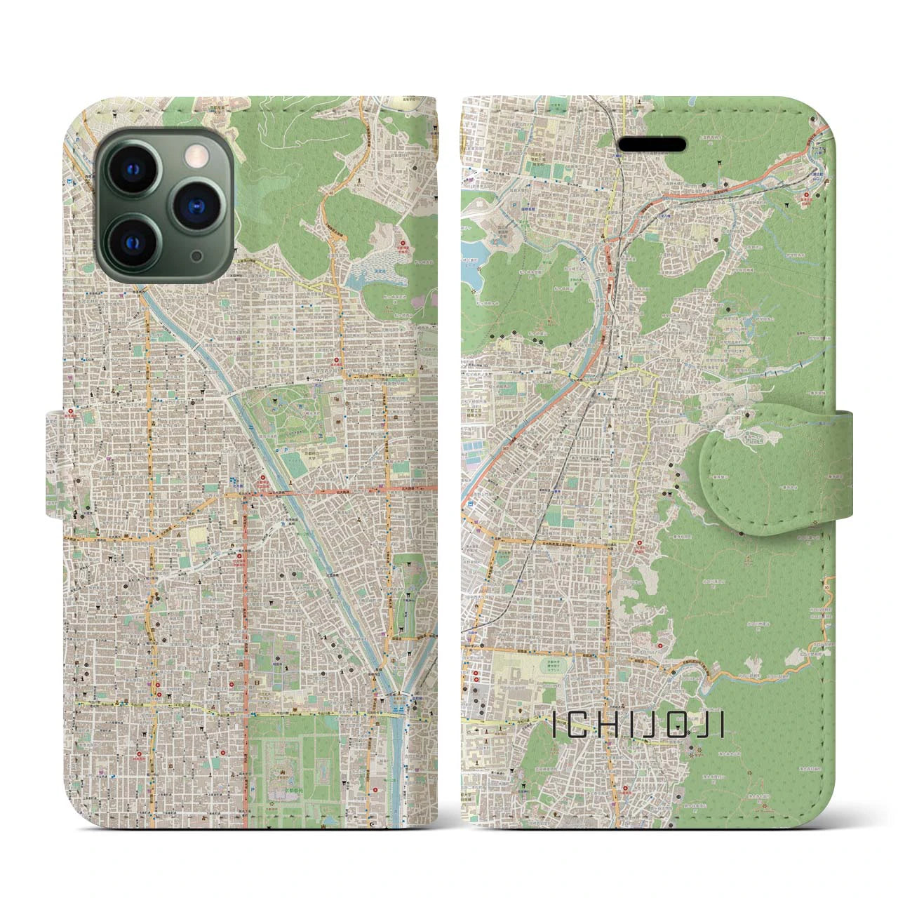 【一乗寺(京都府)】地図柄iPhoneケース(手帳タイプ)ナチュラル・iPhone 11 Pro 用