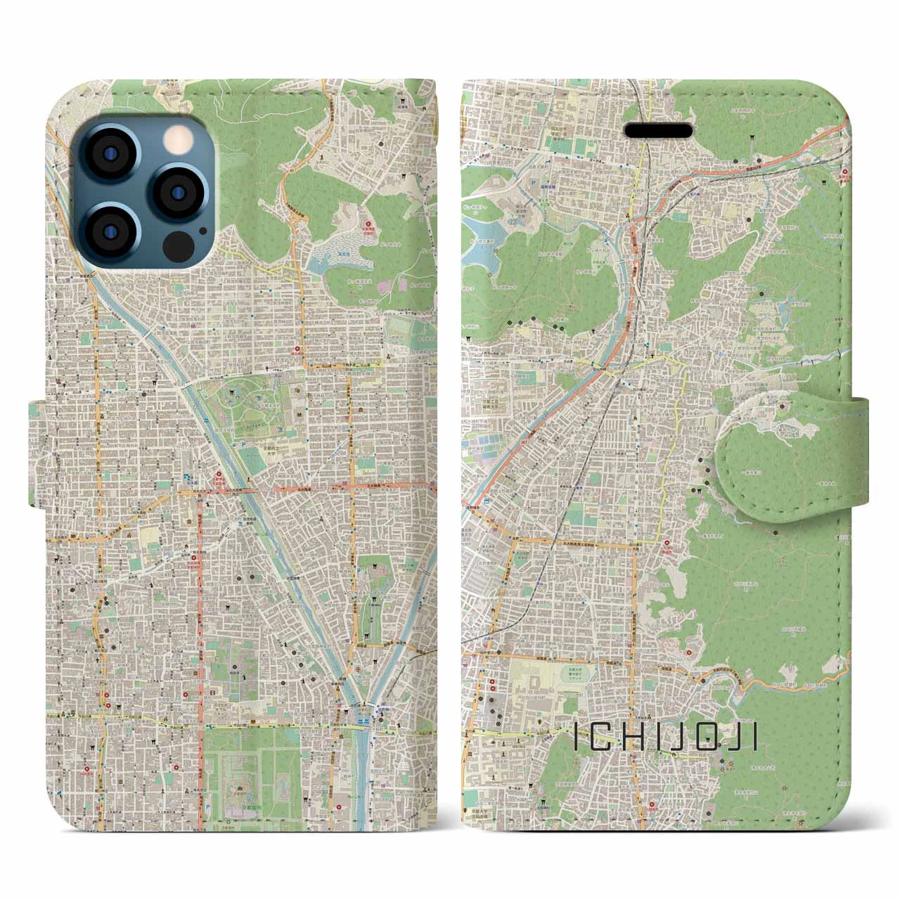 【一乗寺(京都府)】地図柄iPhoneケース(手帳タイプ)ナチュラル・iPhone 12 / 12 Pro 用