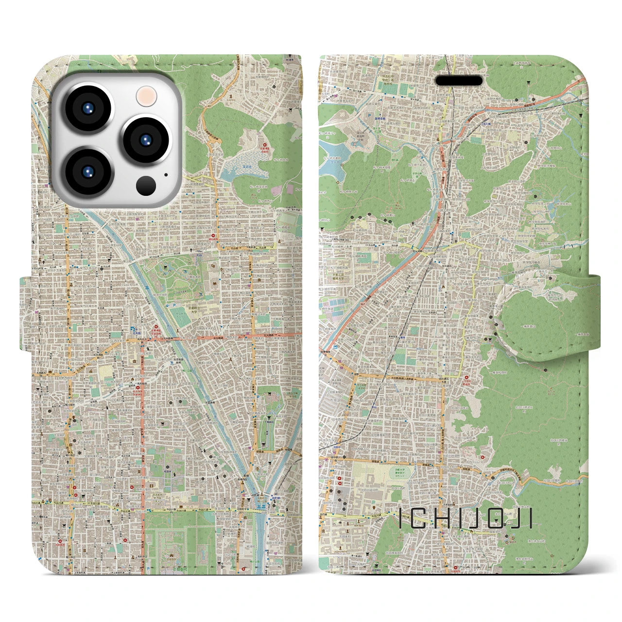 【一乗寺(京都府)】地図柄iPhoneケース(手帳タイプ)ナチュラル・iPhone 13 Pro 用