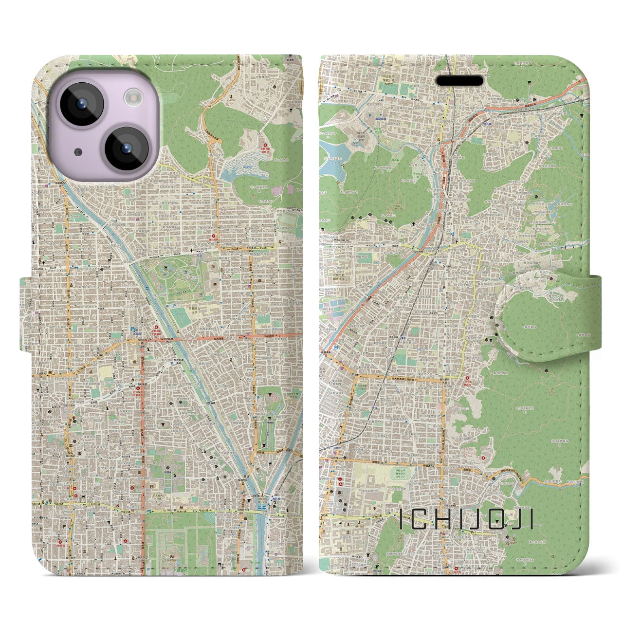 【一乗寺(京都府)】地図柄iPhoneケース(手帳タイプ)ナチュラル・iPhone 14 用
