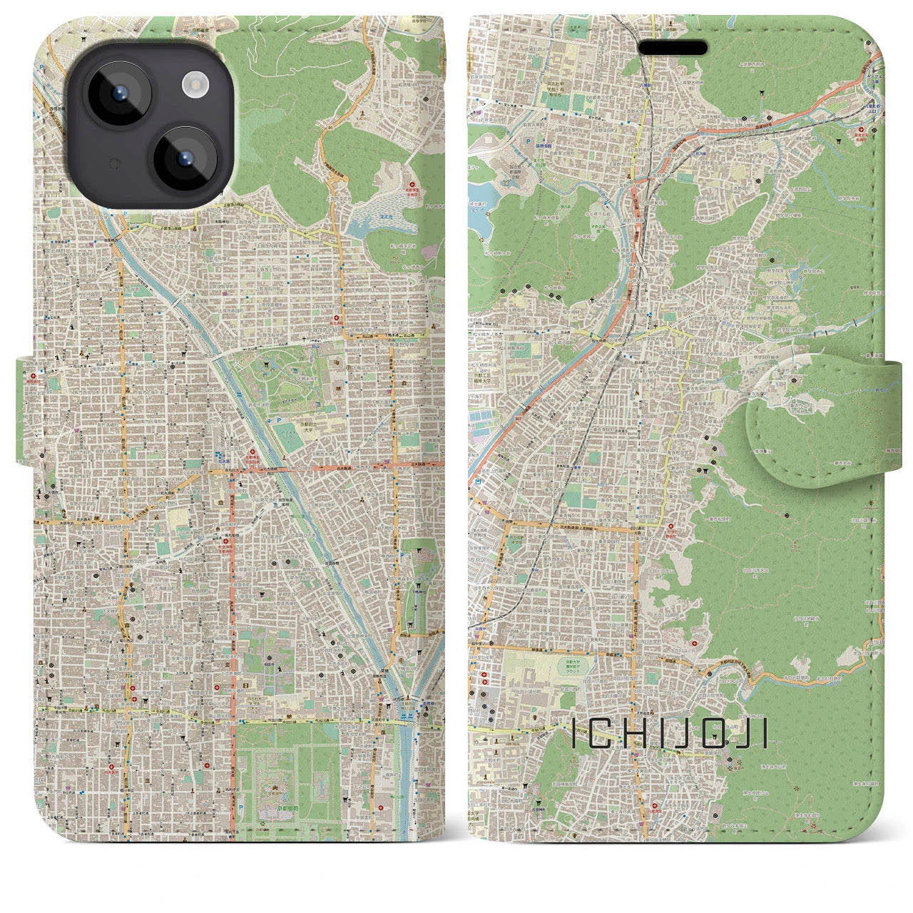 【一乗寺(京都府)】地図柄iPhoneケース(手帳タイプ)ナチュラル・iPhone 14 Plus 用
