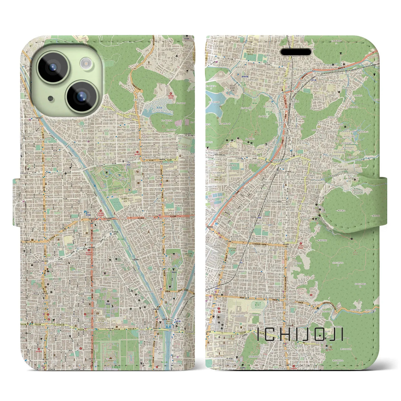 【一乗寺(京都府)】地図柄iPhoneケース(手帳タイプ)ナチュラル・iPhone 15 用