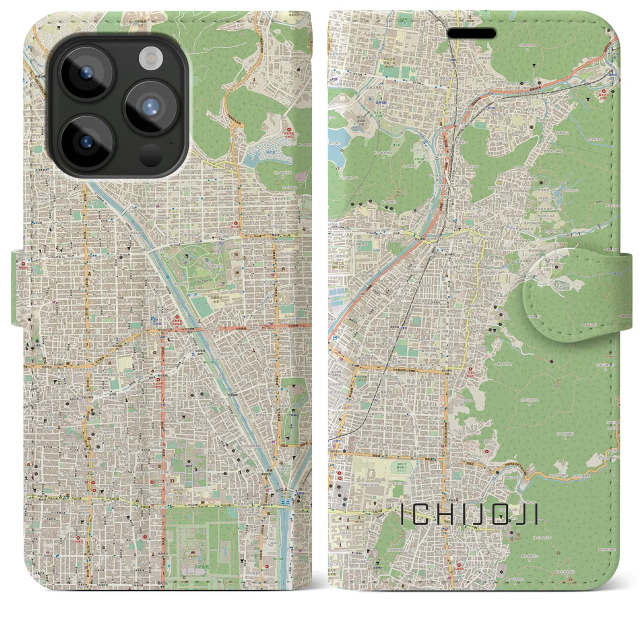 【一乗寺(京都府)】地図柄iPhoneケース(手帳タイプ)ナチュラル・iPhone 15 Pro Max 用