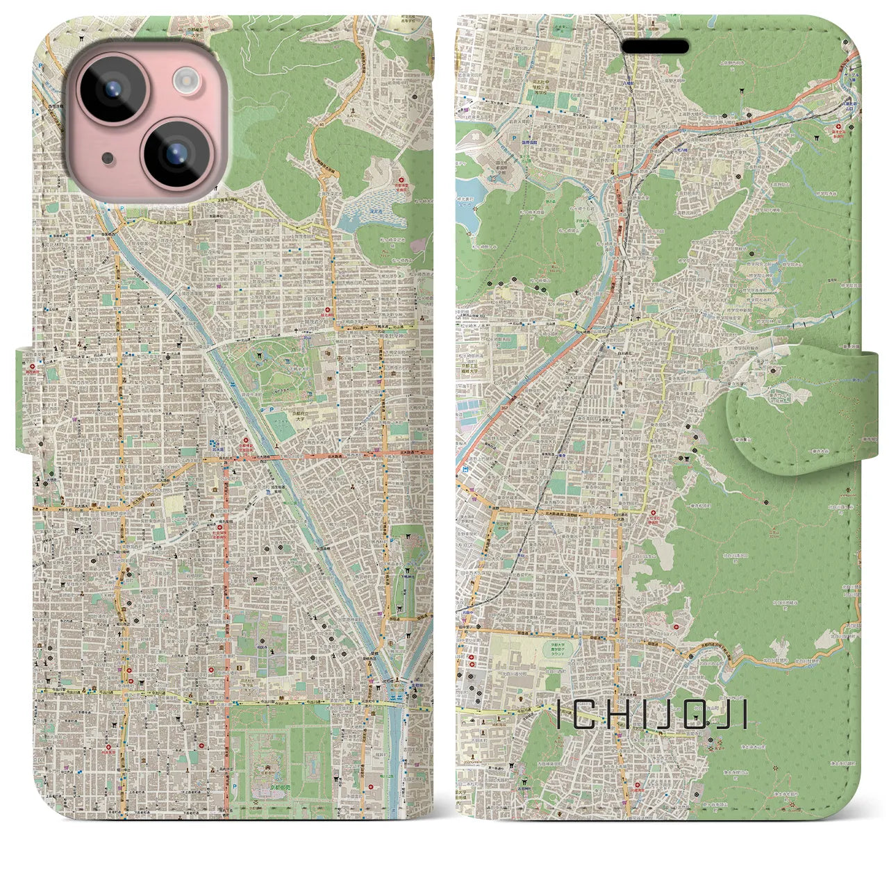 【一乗寺(京都府)】地図柄iPhoneケース(手帳タイプ)ナチュラル・iPhone 15 Plus 用