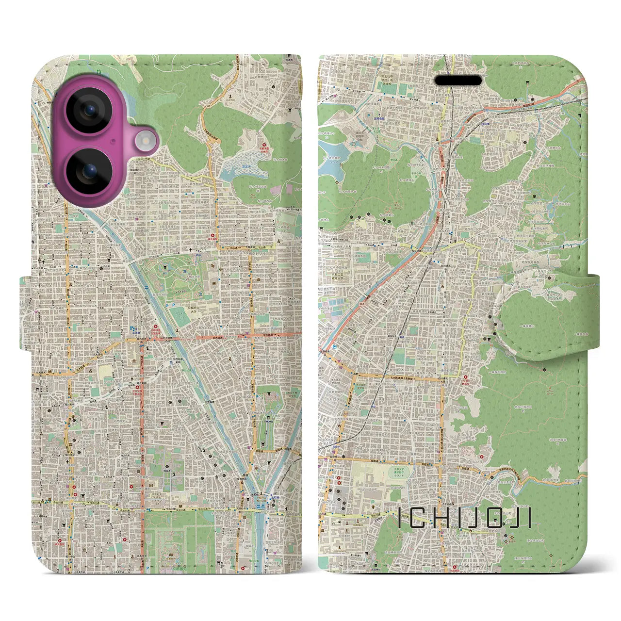 【一乗寺(京都府)】地図柄iPhoneケース(手帳タイプ)ナチュラル・iPhone 16 Pro 用