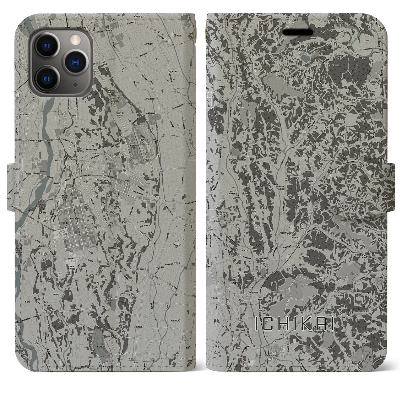 【市貝(栃木県)】地図柄iPhoneケース(手帳タイプ)モノトーン・iPhone 11 Pro Max 用