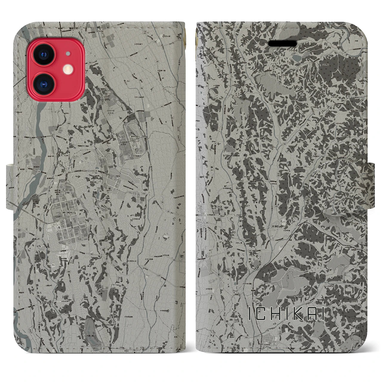 【市貝(栃木県)】地図柄iPhoneケース(手帳タイプ)モノトーン・iPhone 11 用