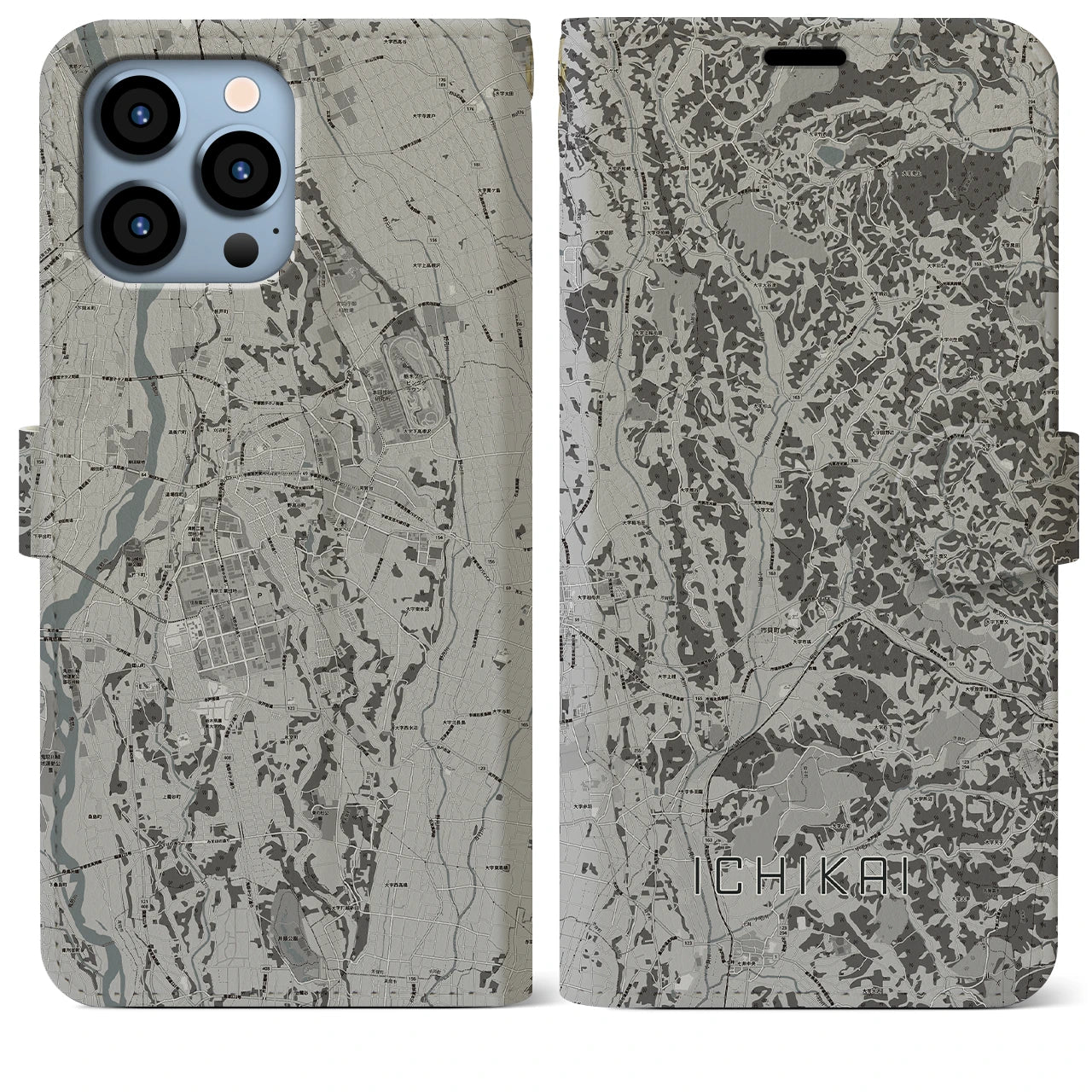 【市貝(栃木県)】地図柄iPhoneケース(手帳タイプ)モノトーン・iPhone 13 Pro Max 用
