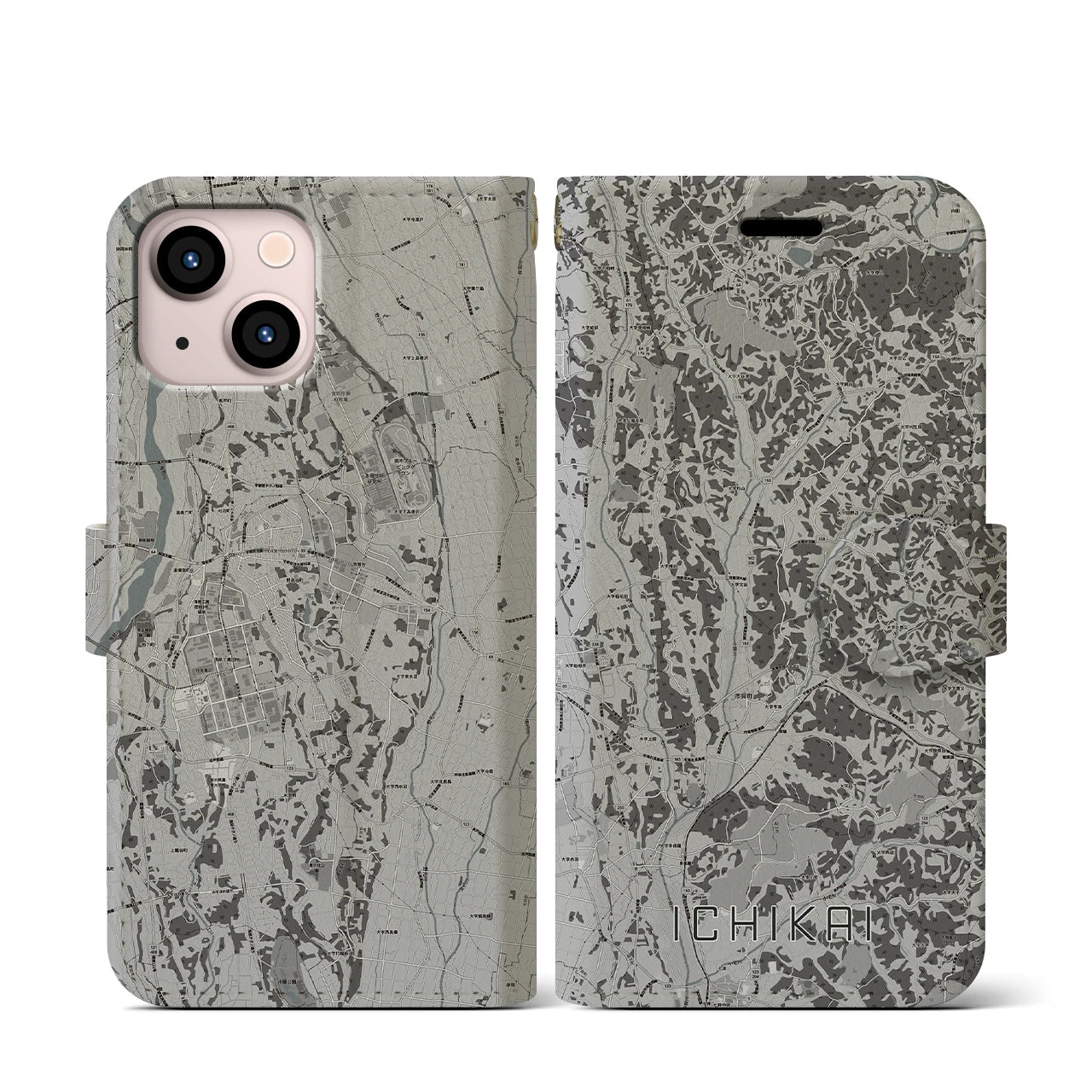 【市貝(栃木県)】地図柄iPhoneケース(手帳タイプ)モノトーン・iPhone 13 mini 用