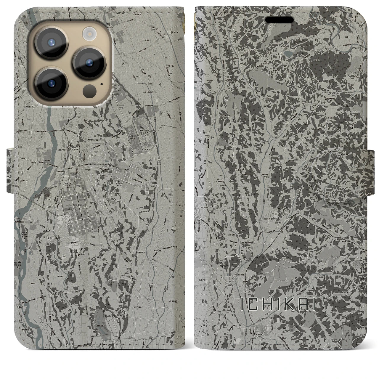 【市貝(栃木県)】地図柄iPhoneケース(手帳タイプ)モノトーン・iPhone 14 Pro Max 用