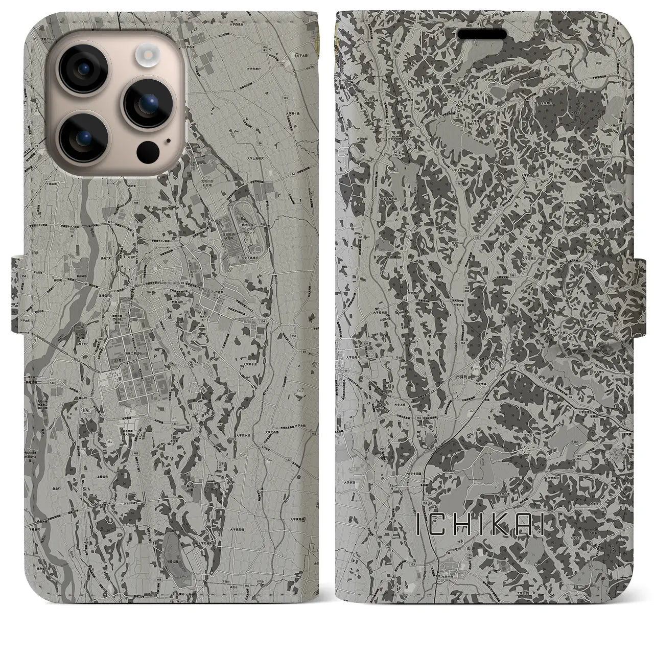 【市貝(栃木県)】地図柄iPhoneケース(手帳タイプ)モノトーン・iPhone 16 Plus 用