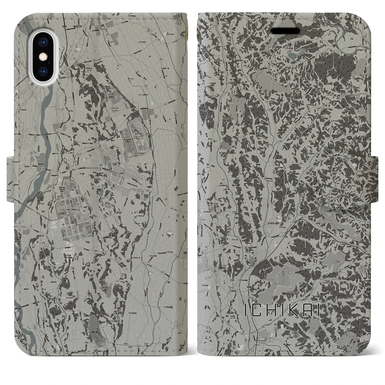 【市貝(栃木県)】地図柄iPhoneケース(手帳タイプ)モノトーン・iPhone XS Max 用