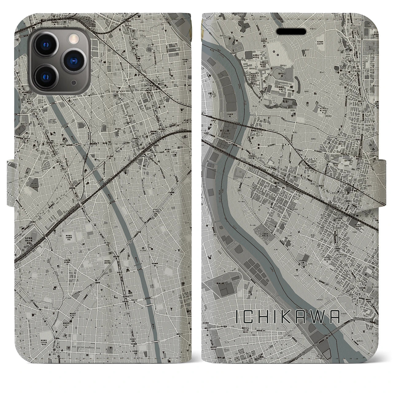 【市川(千葉県)】地図柄iPhoneケース(手帳タイプ)モノトーン・iPhone 11 Pro Max 用