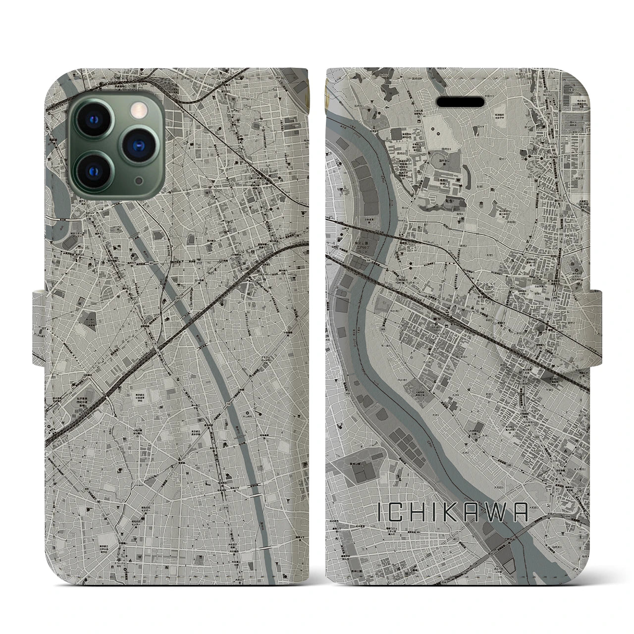 【市川(千葉県)】地図柄iPhoneケース(手帳タイプ)モノトーン・iPhone 11 Pro 用
