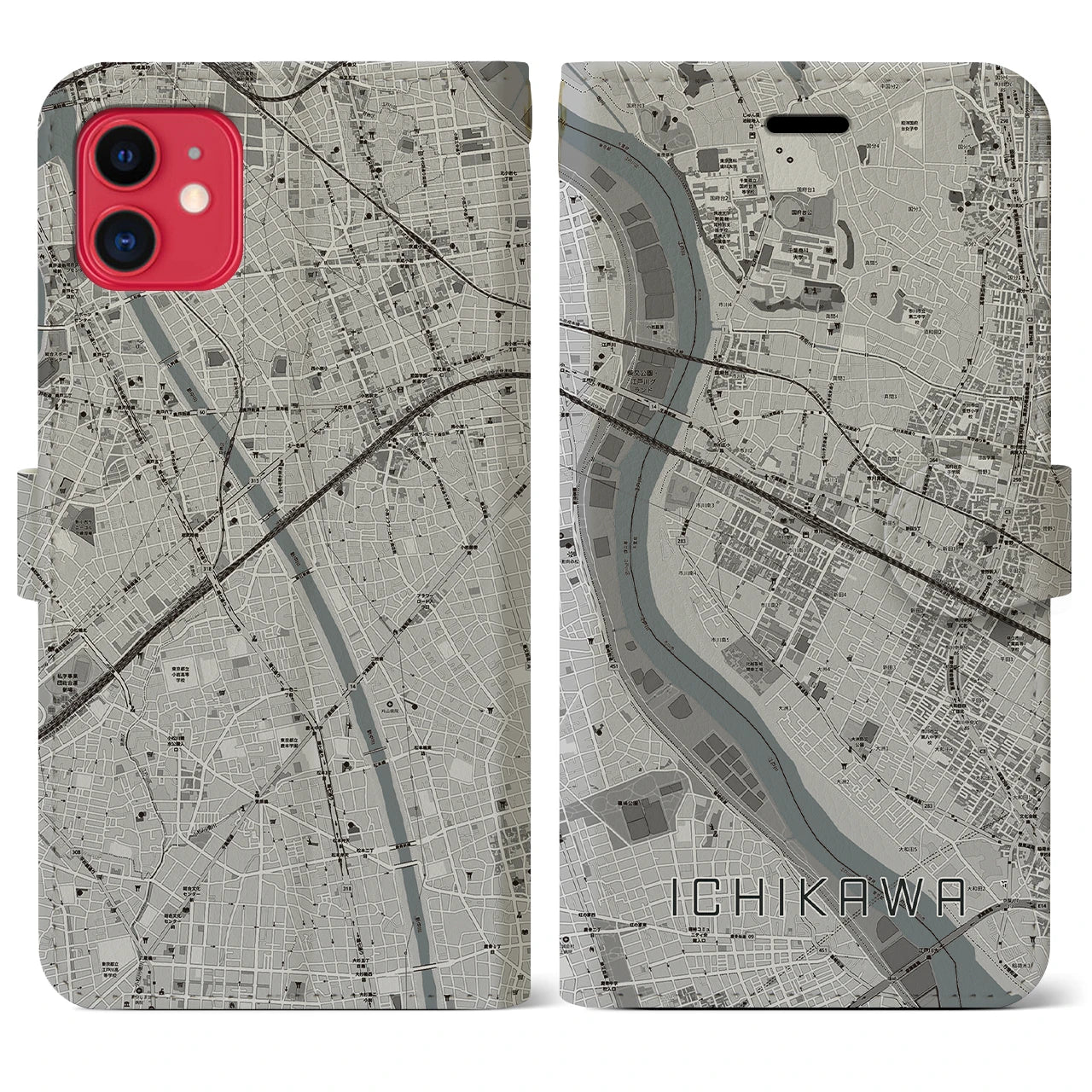 【市川(千葉県)】地図柄iPhoneケース(手帳タイプ)モノトーン・iPhone 11 用