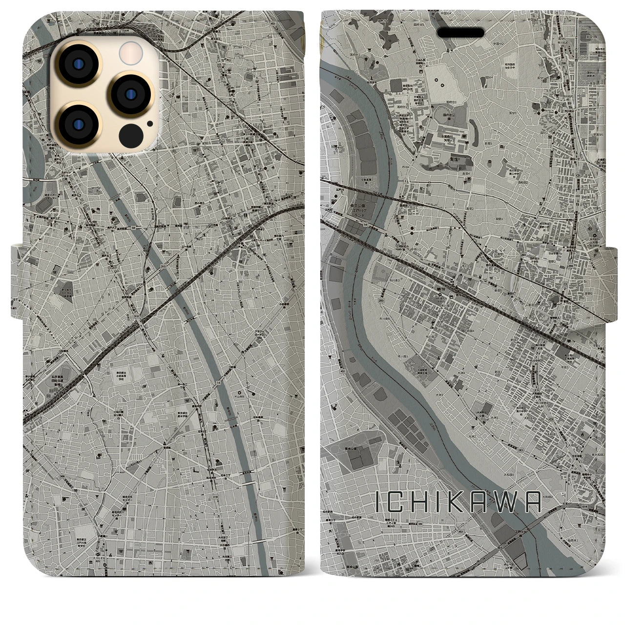 【市川(千葉県)】地図柄iPhoneケース(手帳タイプ)モノトーン・iPhone 12 Pro Max 用