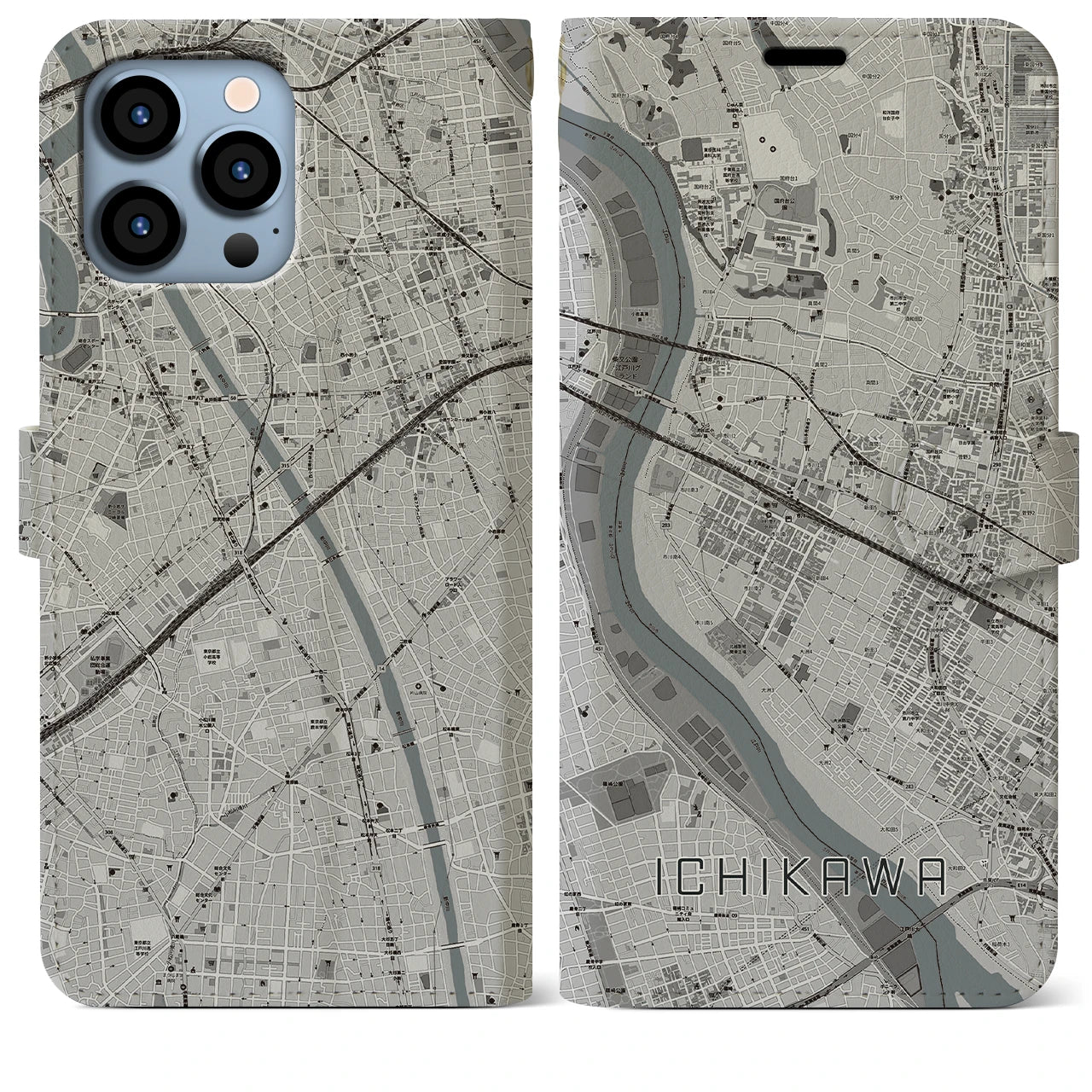 【市川(千葉県)】地図柄iPhoneケース(手帳タイプ)モノトーン・iPhone 13 Pro Max 用