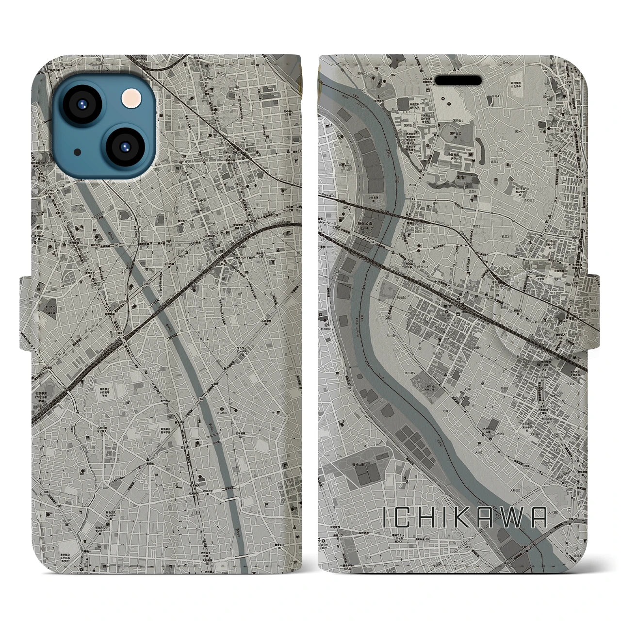 【市川(千葉県)】地図柄iPhoneケース(手帳タイプ)モノトーン・iPhone 13 用