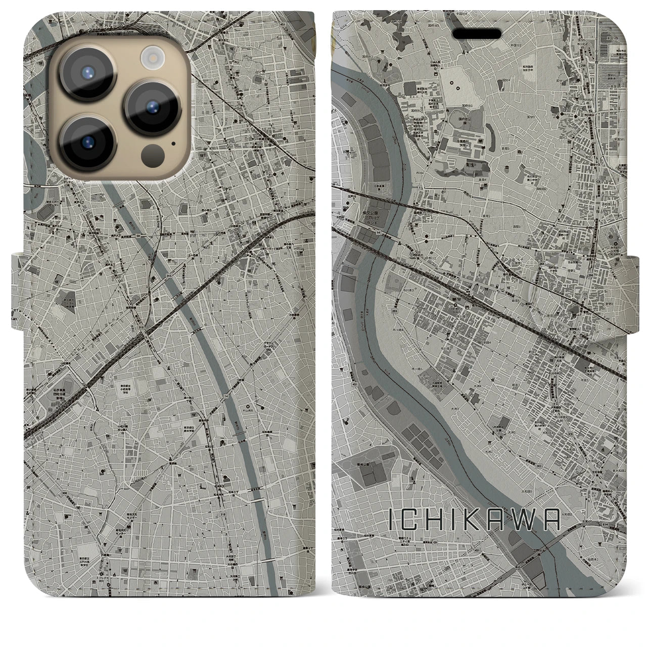 【市川(千葉県)】地図柄iPhoneケース(手帳タイプ)モノトーン・iPhone 14 Pro Max 用