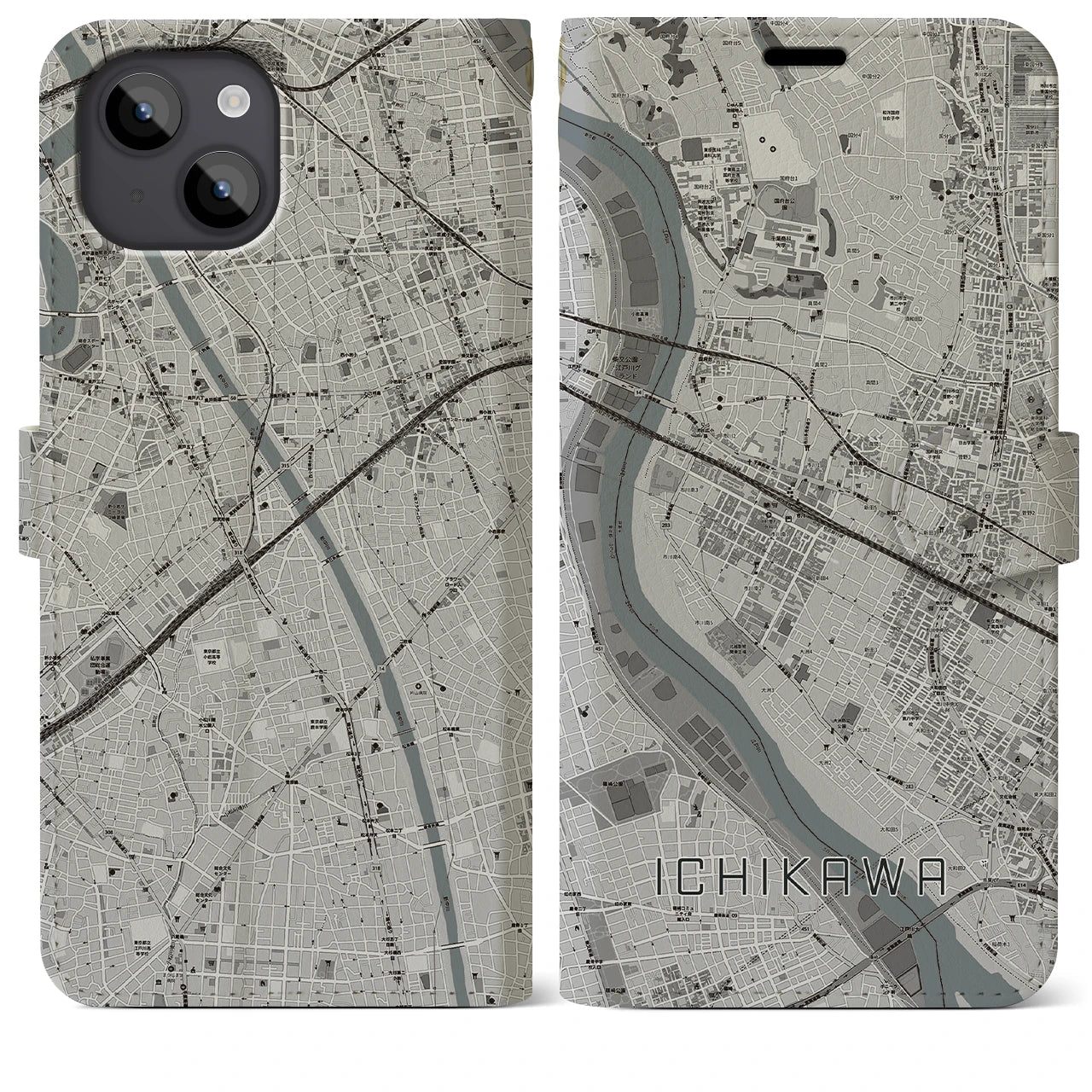 【市川(千葉県)】地図柄iPhoneケース(手帳タイプ)モノトーン・iPhone 14 Plus 用
