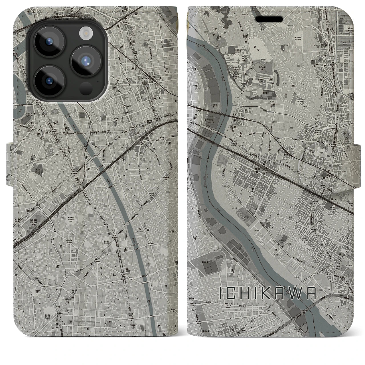 【市川(千葉県)】地図柄iPhoneケース(手帳タイプ)モノトーン・iPhone 15 Pro Max 用