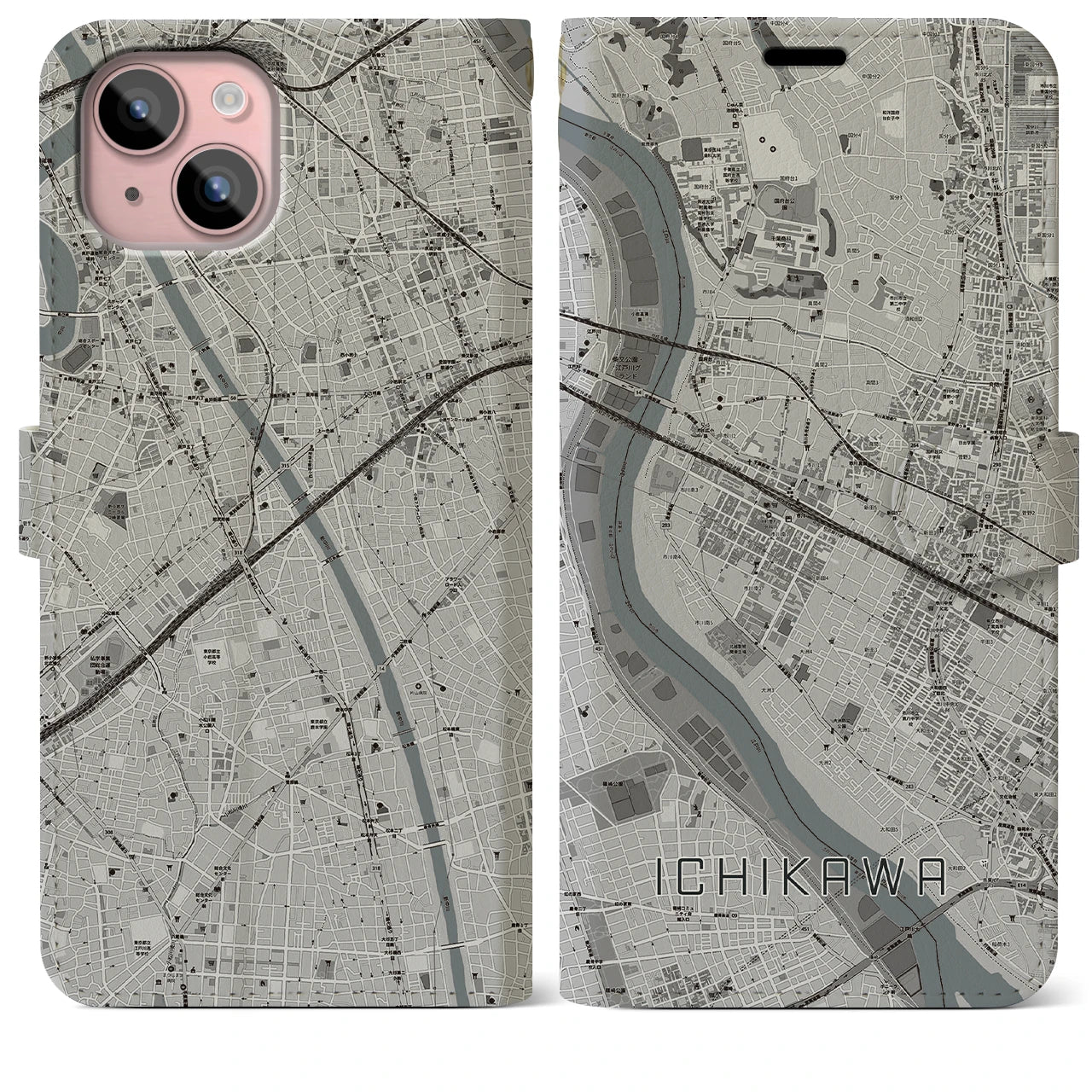 【市川(千葉県)】地図柄iPhoneケース(手帳タイプ)モノトーン・iPhone 15 Plus 用