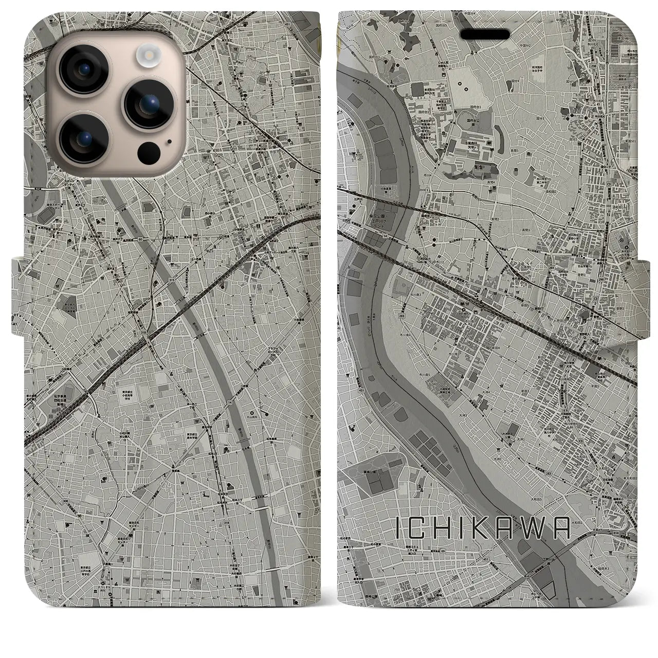 【市川(千葉県)】地図柄iPhoneケース(手帳タイプ)モノトーン・iPhone 16 Plus 用