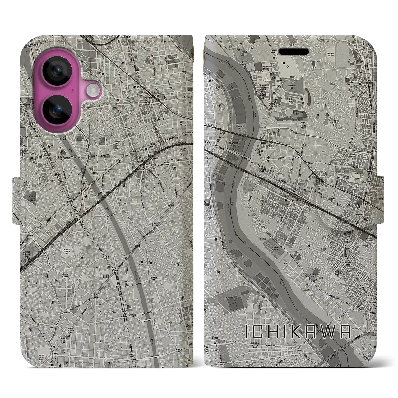 【市川(千葉県)】地図柄iPhoneケース(手帳タイプ)モノトーン・iPhone 16 Pro 用
