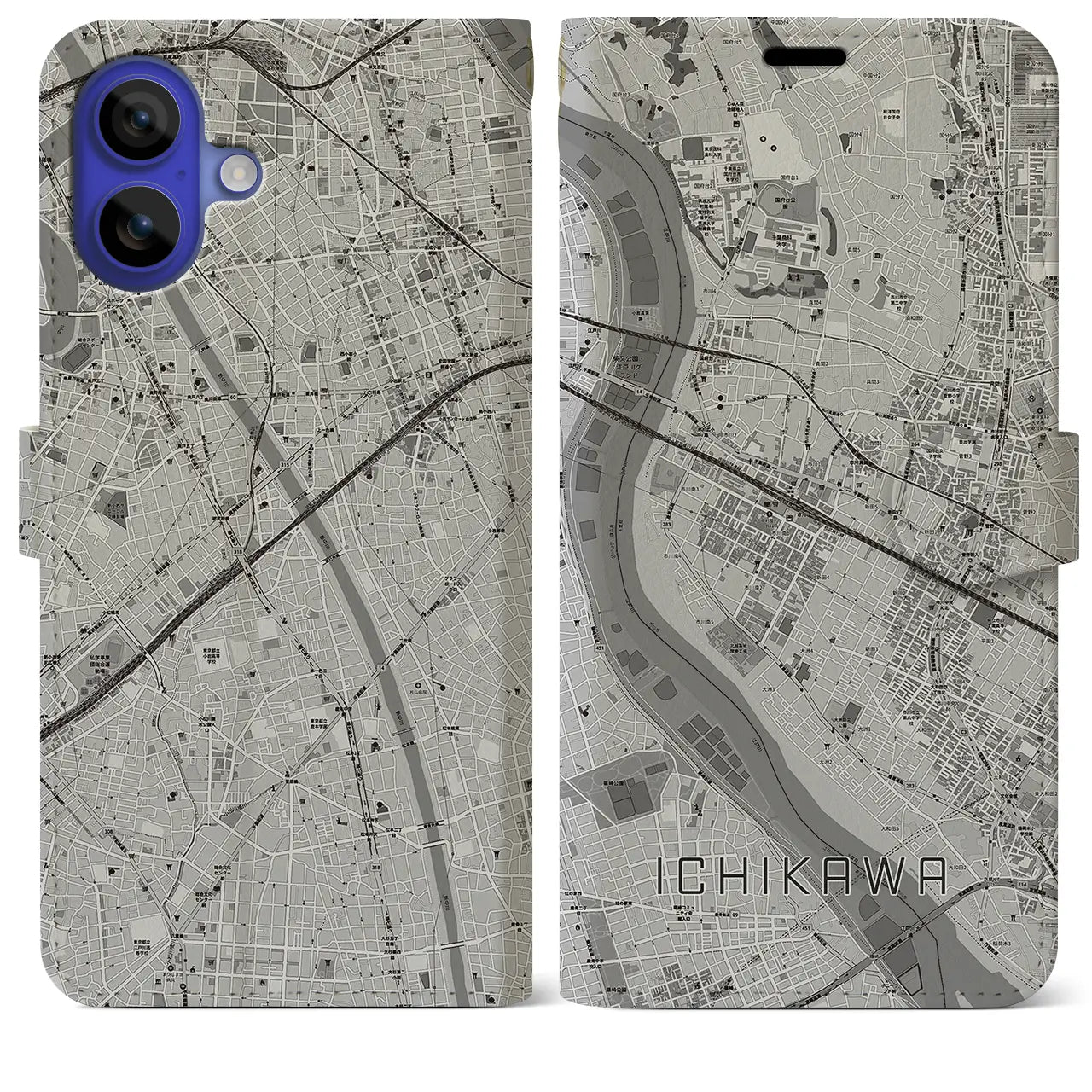 【市川(千葉県)】地図柄iPhoneケース(手帳タイプ)モノトーン・iPhone 16 Pro Max 用