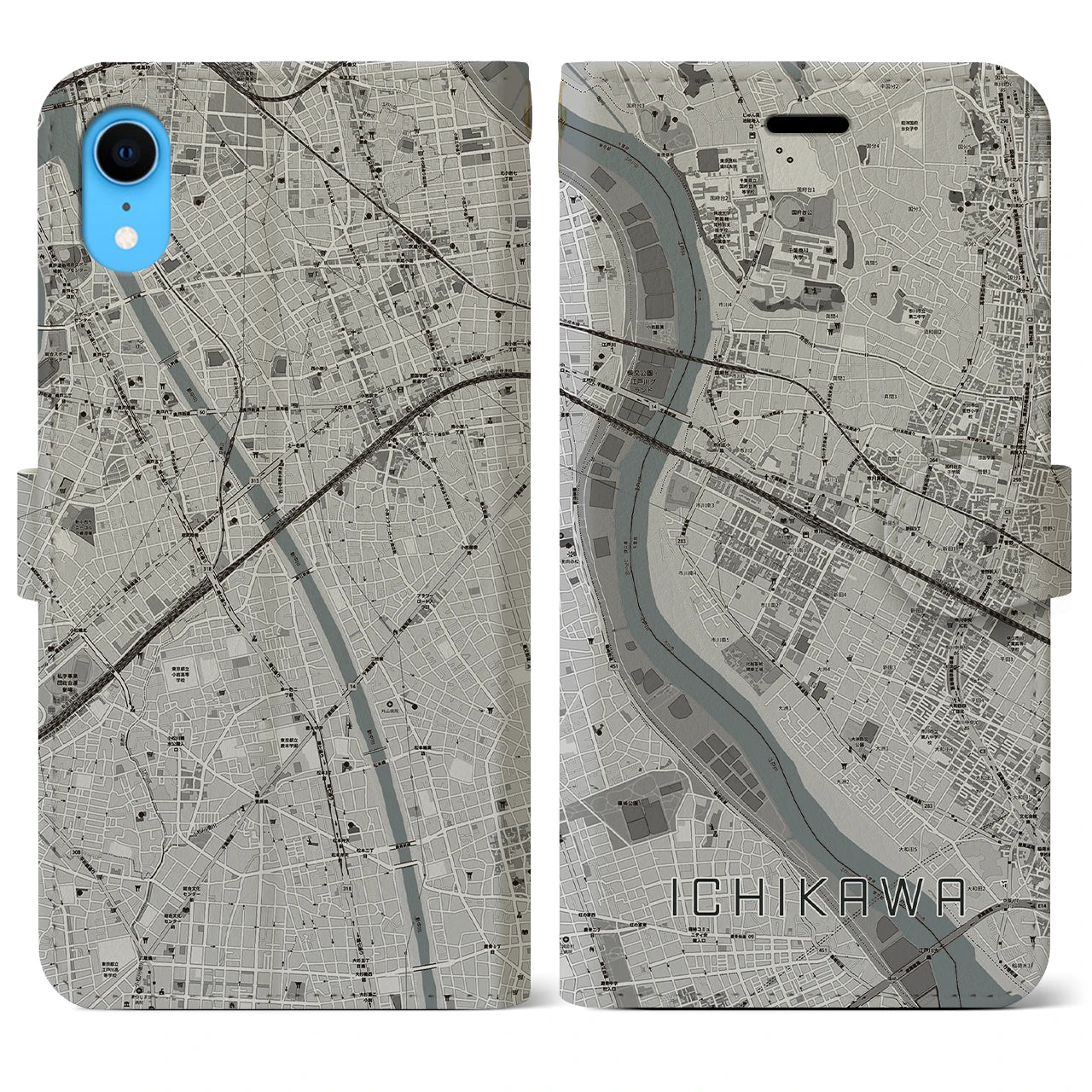 【市川(千葉県)】地図柄iPhoneケース(手帳タイプ)モノトーン・iPhone XR 用