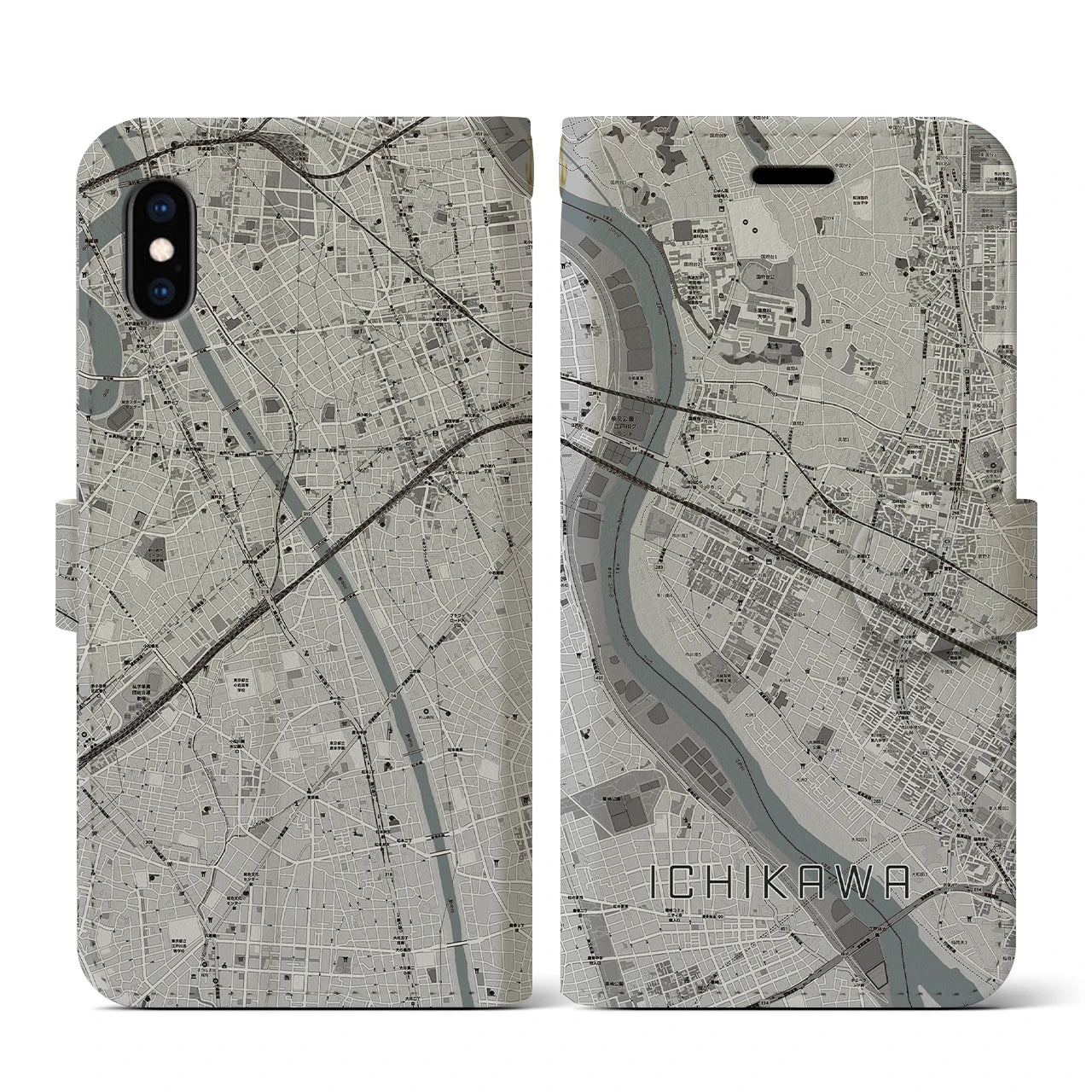 【市川(千葉県)】地図柄iPhoneケース(手帳タイプ)モノトーン・iPhone XS / X 用