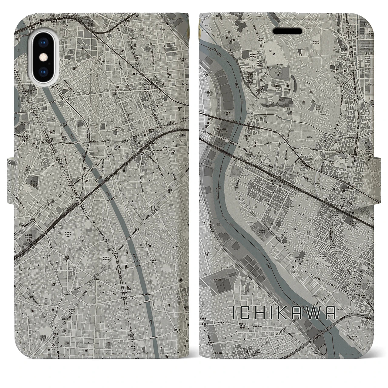 【市川(千葉県)】地図柄iPhoneケース(手帳タイプ)モノトーン・iPhone XS Max 用