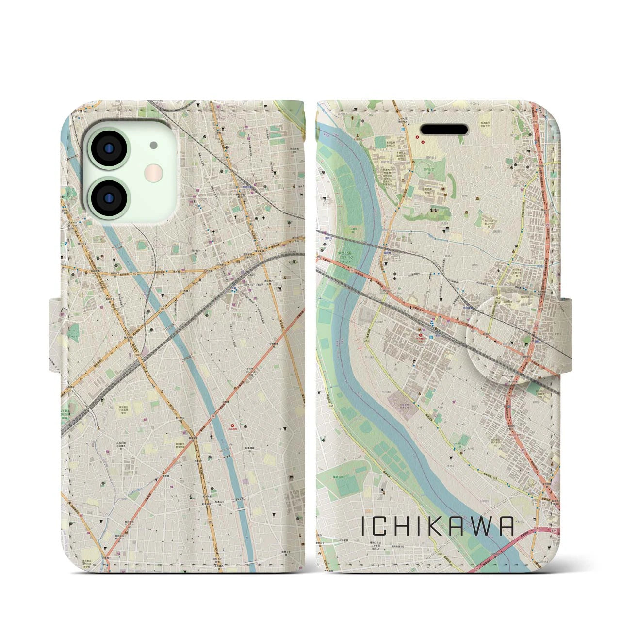 【市川(千葉県)】地図柄iPhoneケース(手帳タイプ)ナチュラル・iPhone 12 mini 用