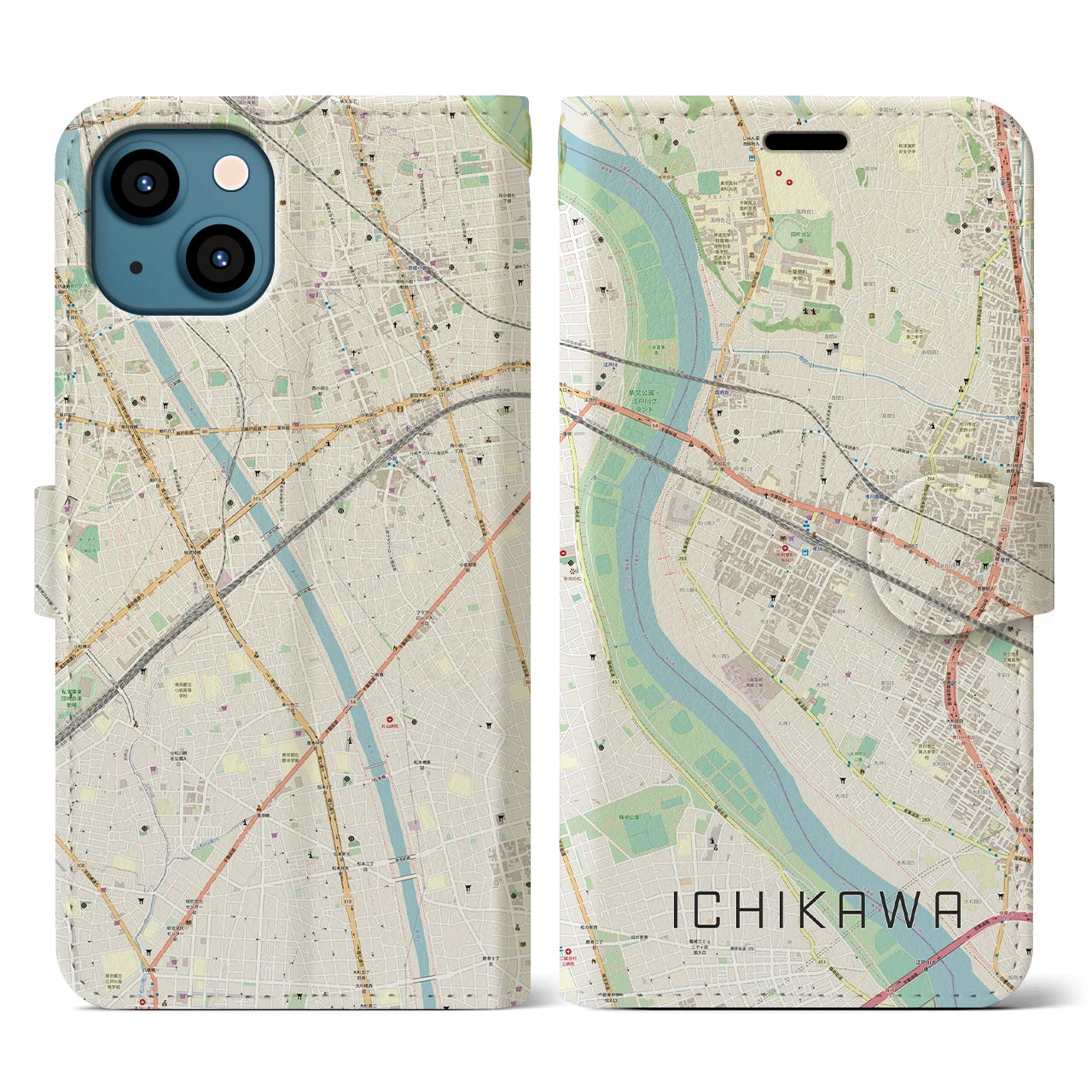 【市川(千葉県)】地図柄iPhoneケース(手帳タイプ)ナチュラル・iPhone 13 用