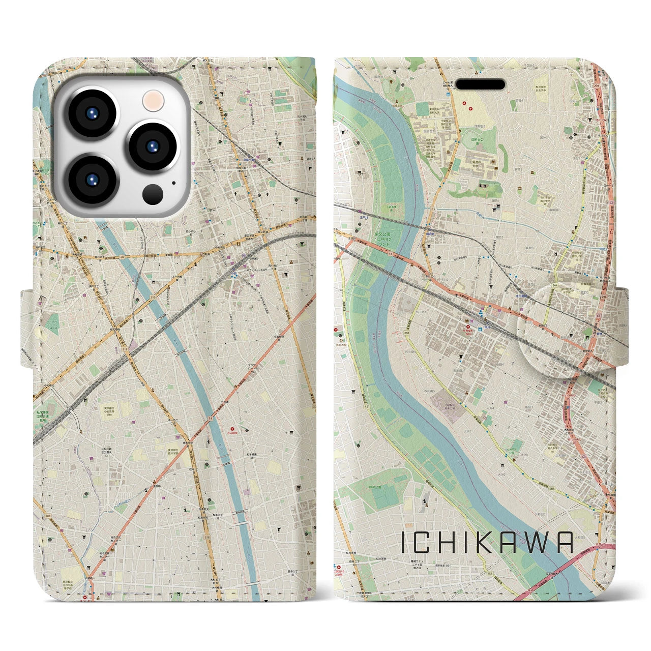 【市川(千葉県)】地図柄iPhoneケース(手帳タイプ)ナチュラル・iPhone 13 Pro 用