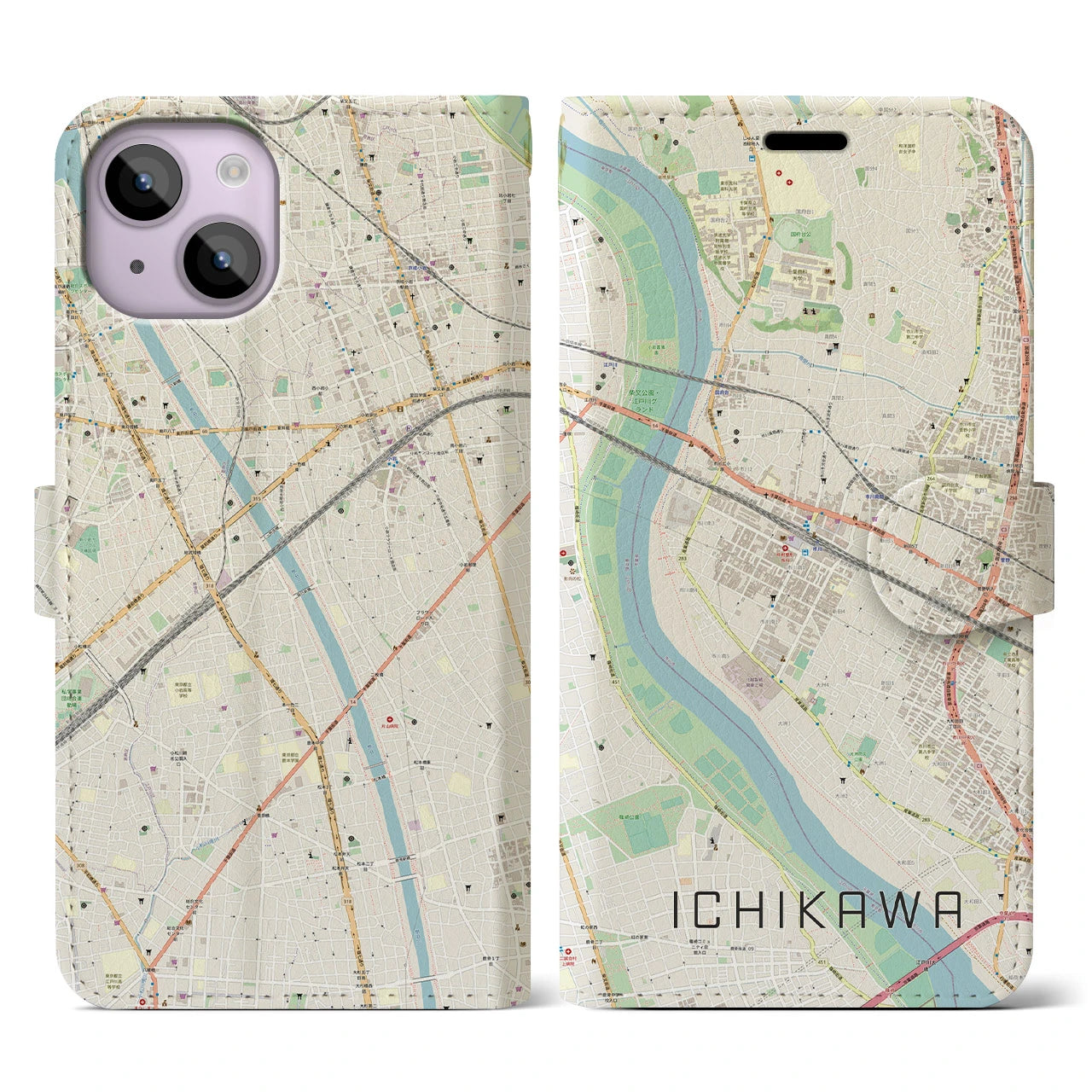 【市川(千葉県)】地図柄iPhoneケース(手帳タイプ)ナチュラル・iPhone 14 用