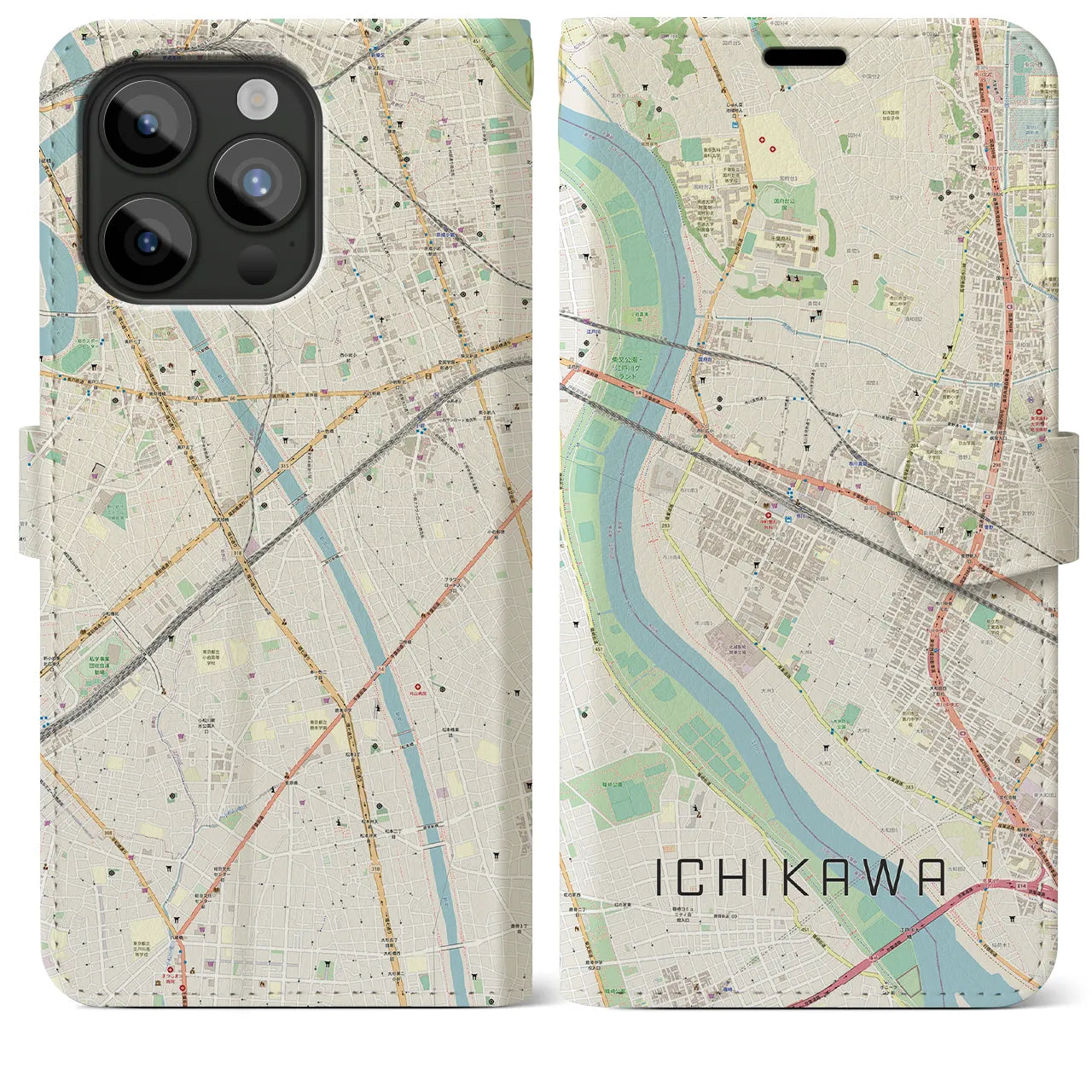 【市川(千葉県)】地図柄iPhoneケース(手帳タイプ)ナチュラル・iPhone 15 Pro Max 用