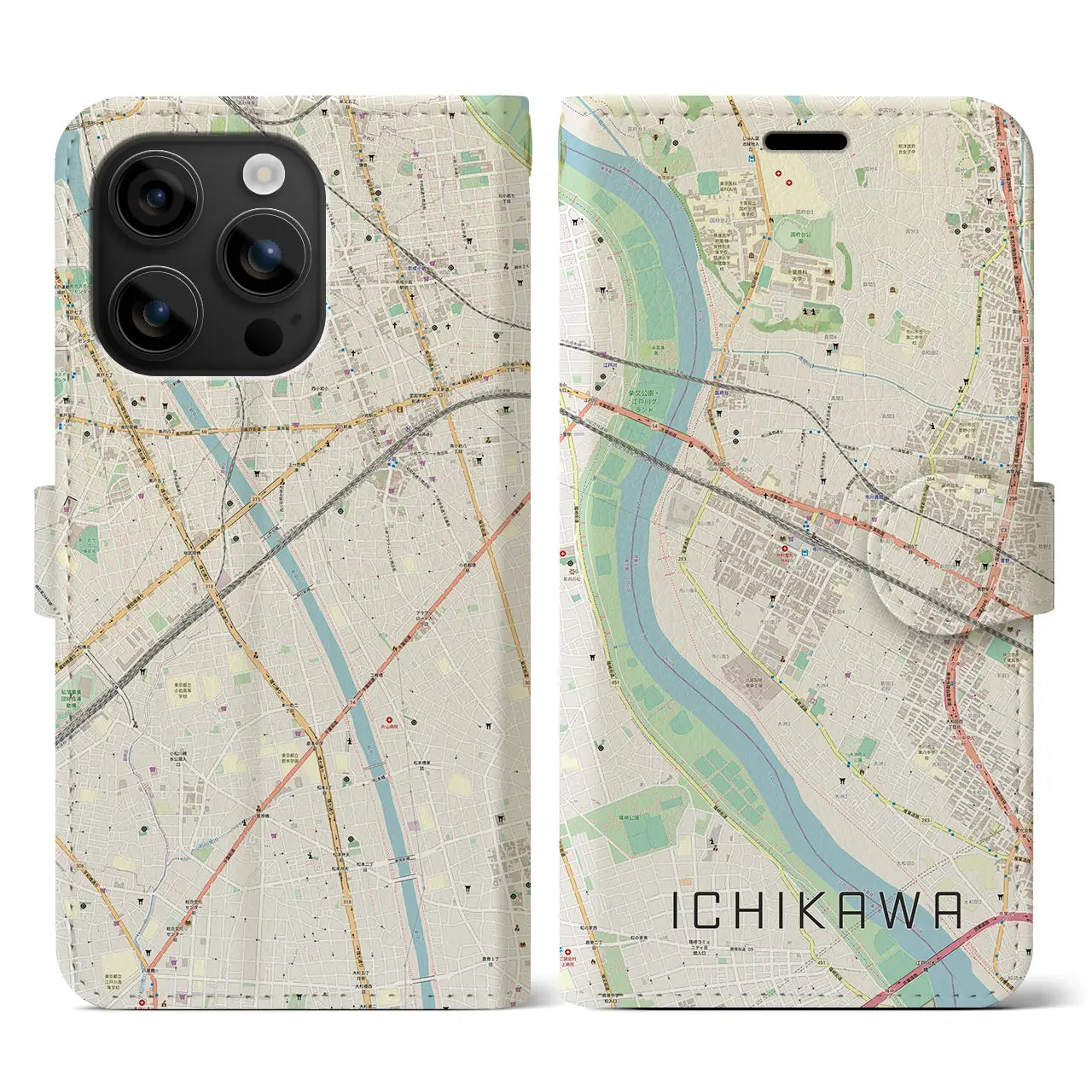 【市川(千葉県)】地図柄iPhoneケース(手帳タイプ)ナチュラル・iPhone 16 用