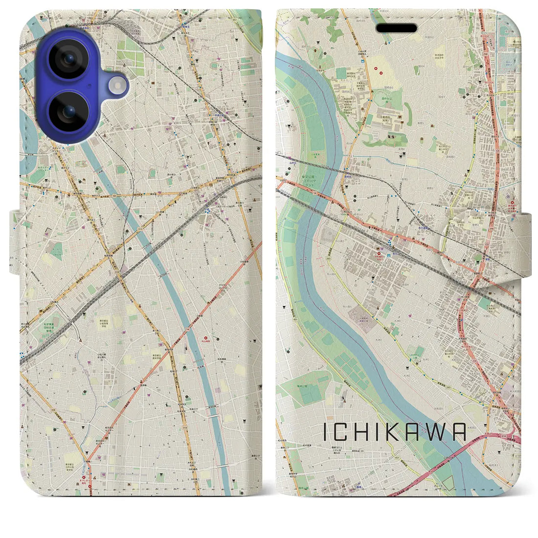 【市川(千葉県)】地図柄iPhoneケース(手帳タイプ)ナチュラル・iPhone 16 Pro Max 用