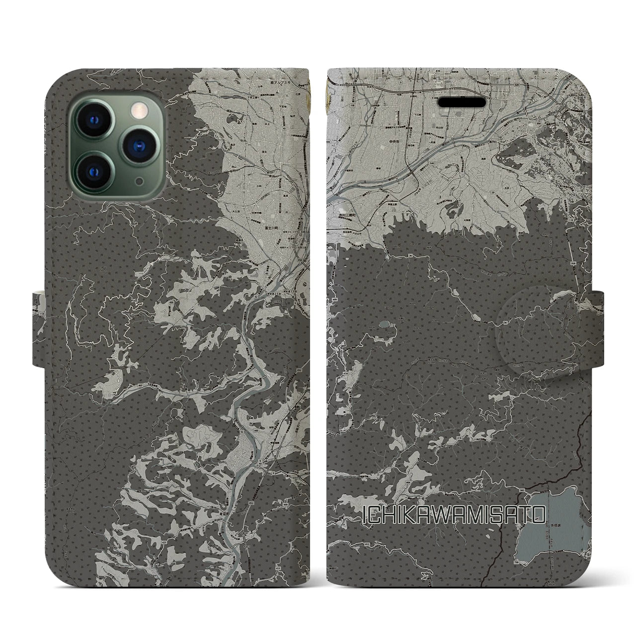 【市川三郷(山梨県)】地図柄iPhoneケース(手帳タイプ)モノトーン・iPhone 11 Pro 用