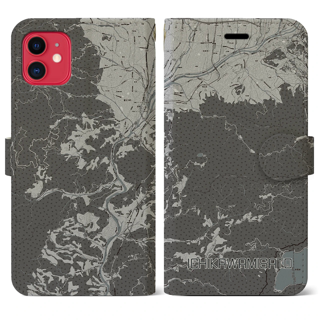 【市川三郷(山梨県)】地図柄iPhoneケース(手帳タイプ)モノトーン・iPhone 11 用