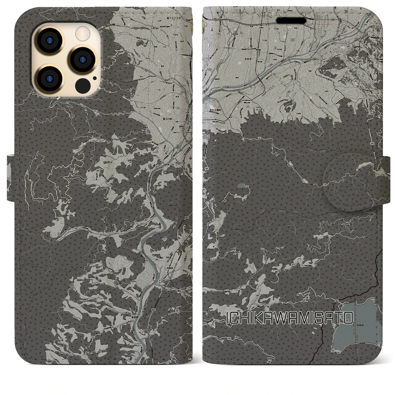 【市川三郷(山梨県)】地図柄iPhoneケース(手帳タイプ)モノトーン・iPhone 12 Pro Max 用